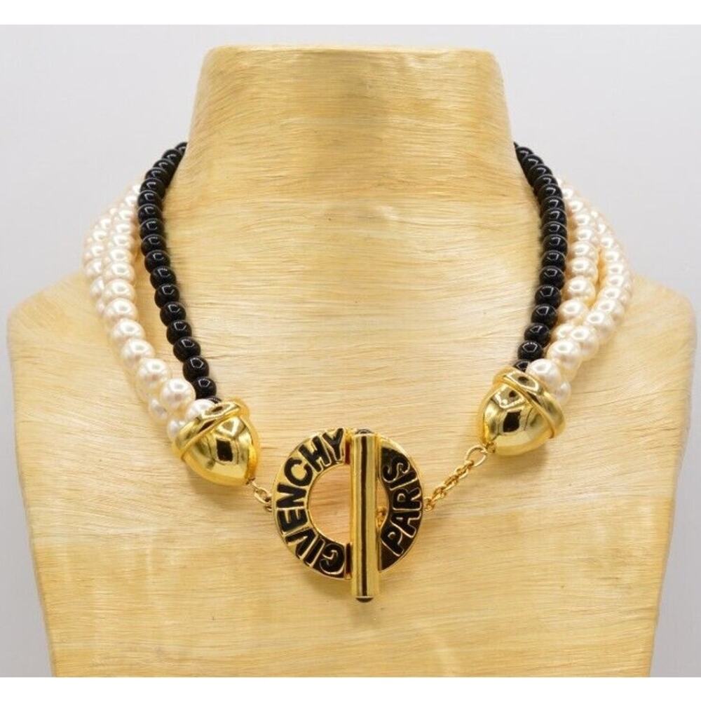 Givenchy Vintage Logo Collar Necklace Paris Toggle Pearl Black White Chunky BinG